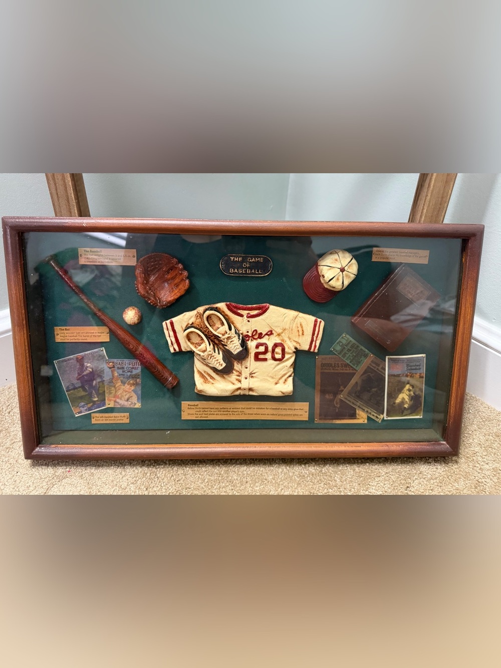 VTG Babe Ruth History of Baseball Shadow Box Wall Art Memorabilia Display Plaque